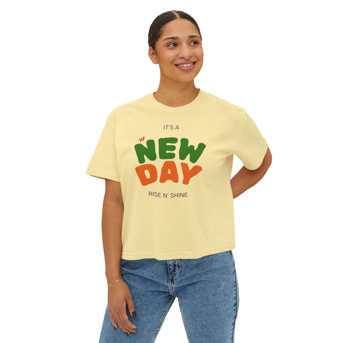 New Day Boxy Tee — "It's a New Day" Positive Graphic Women's T‑Shirt